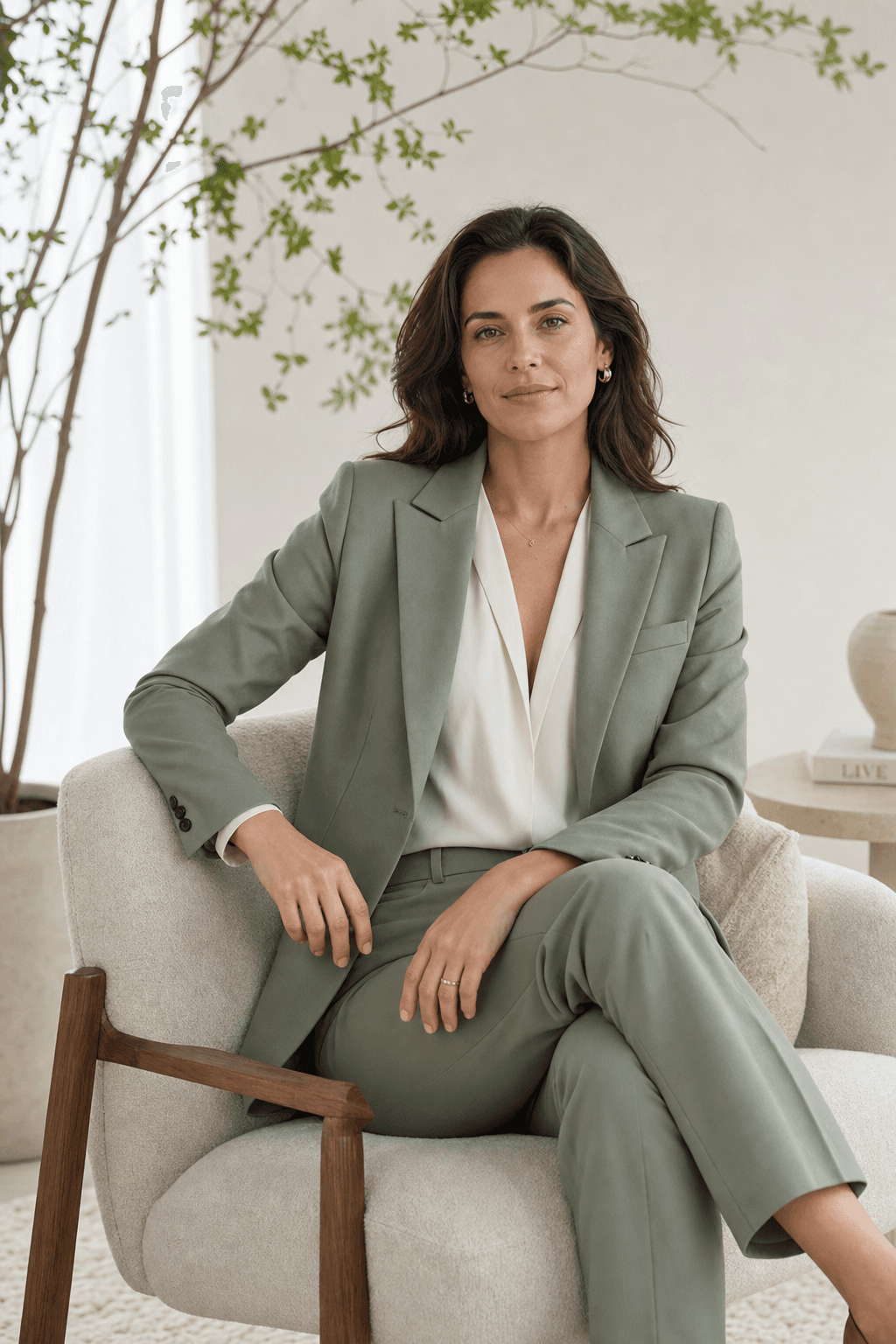 Professional woman in pale sage suit, serene expression, seated in neutral chair
