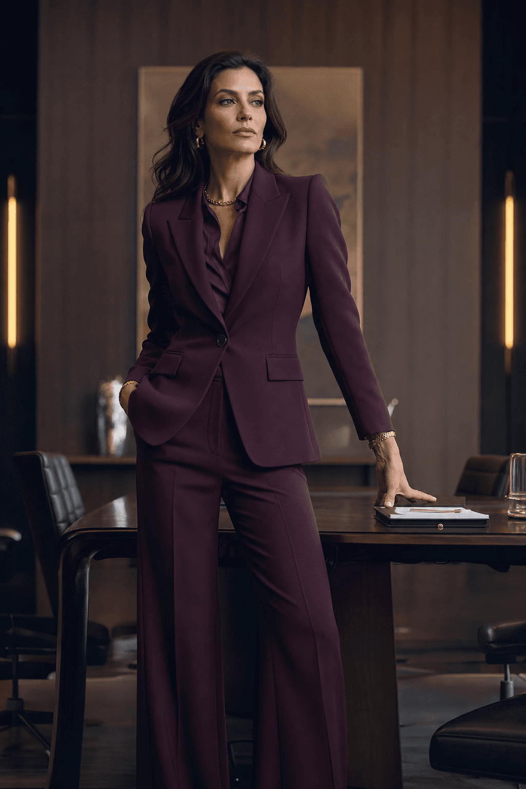 Empower Collection ā Professional woman in deep plum suit embodying confidence and inner strength