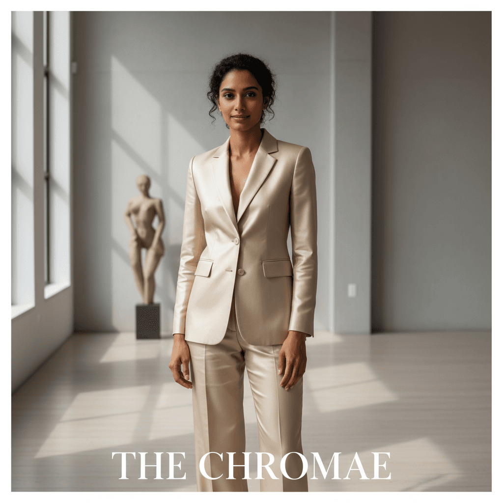 Diverse woman in champagne suit jacket lit by natural window light in a modern studio