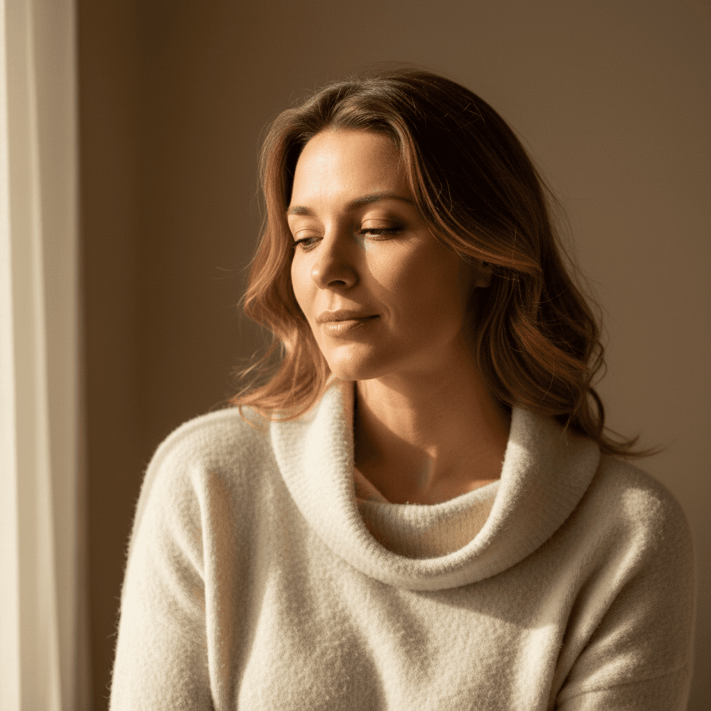 Woman in soft cream sweater with peaceful expression