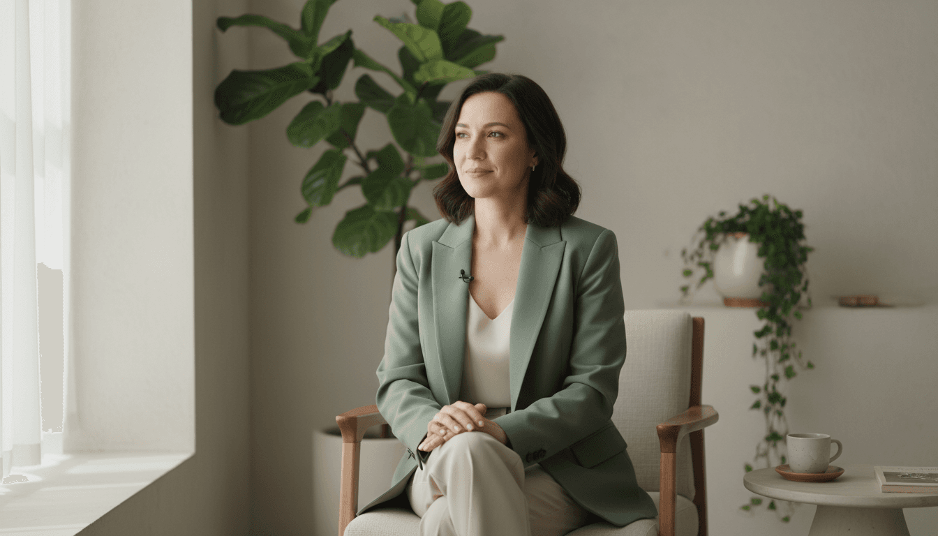 Professional woman in a tailored sage green blazer sitting calmly by a window, soft natural daylight, minimalist room with a touch of greenery