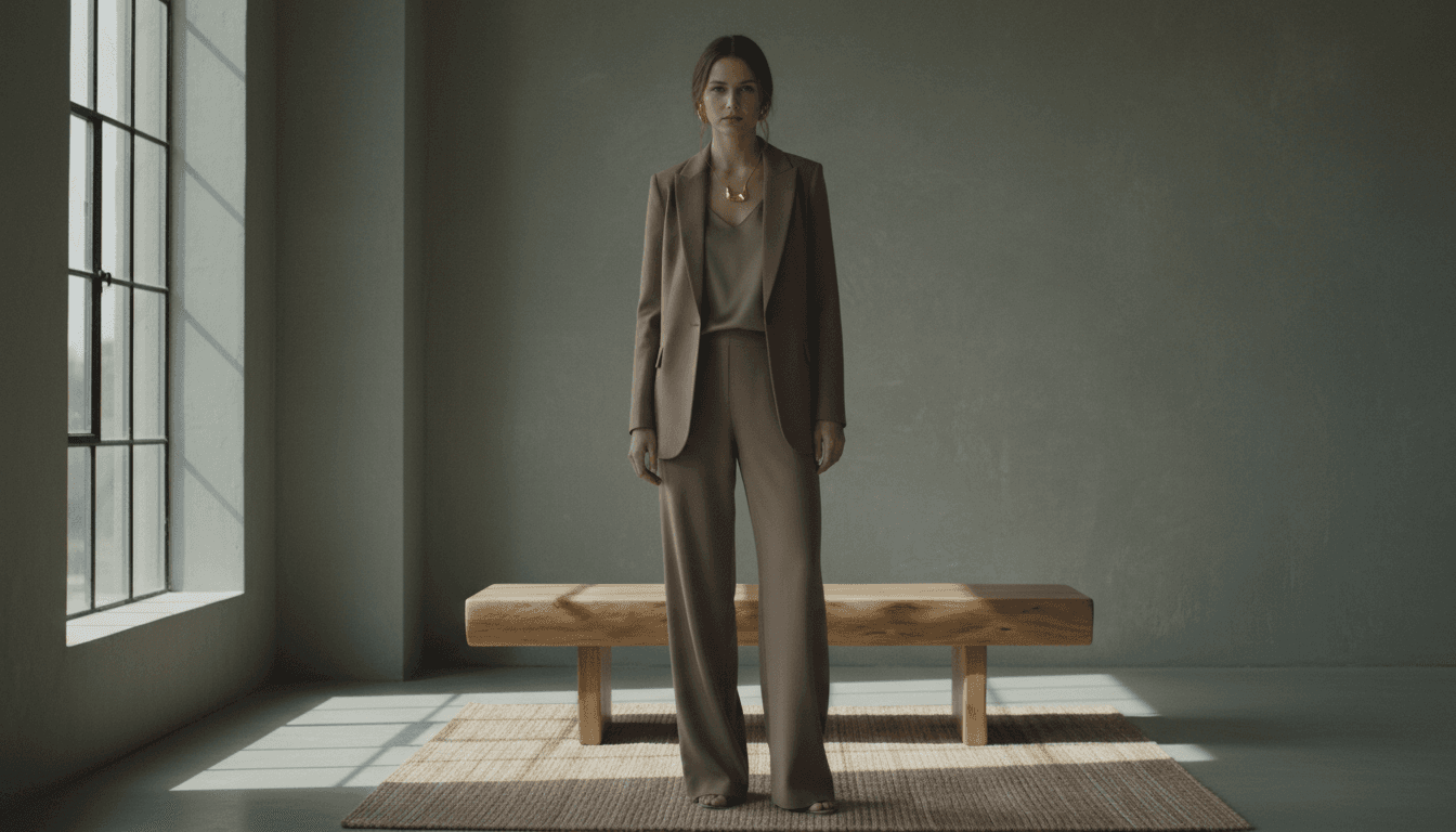 Woman in a muted colored blazer standing in a minimalist sunlit room, conveying a sense of calm and balance.